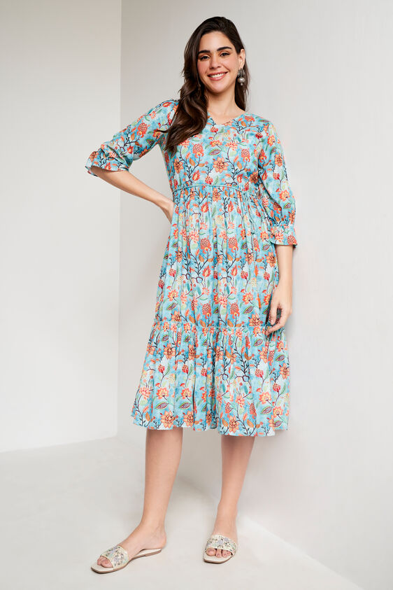 Blue Floral Flared Dress, Blue, image 1